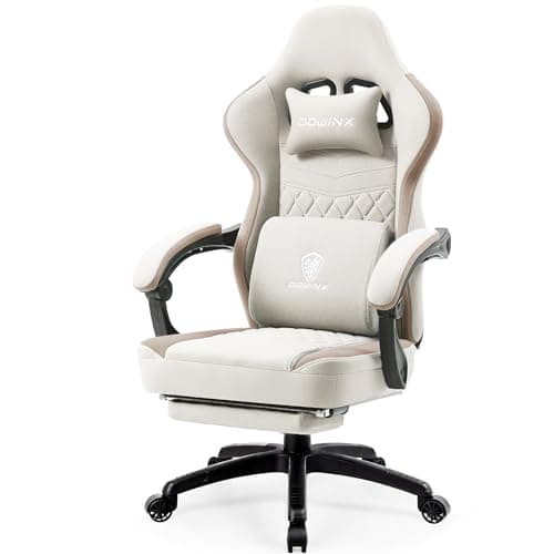 Dowinx Gaming Chair Breathable Fabric Computer Chair with Pocket Spring Cushion, Comfortable Office Chair with Gel Pad and Storage Bag,Massage Game Chair with Footrest,Beige - Image 1
