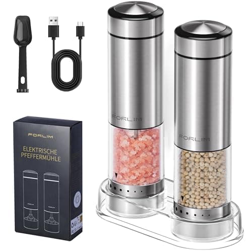 FORLIM Electric Salt and Pepper Grinder Set Rechargeable, Upgraded Washable, Automatic One-Handed Operation with LED, Adjustable Coarseness Pepper and Salt Grinder Refillable, Stainless Steel(Silver） - Image 1