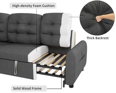 Ucloveria Sectional Sofa Couch, 87" Sleeper Sofa Bed with Reversible Storage Chaise Pull Out Couch for Living Room | Side Pocket | Charging Station | Removable Backrest | Linen Fabric, Dark Grey - Image 7