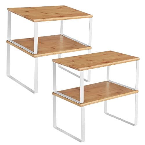 SONGMICS Cabinet Organizer Shelf, Set of 4 Kitchen Counter Shelves, Kitchen Storage, Spice Rack, Stackable, Expandable, Metal and Engineered Wood, Cloud White and Natural Beige UKCS010N01 - Image 1
