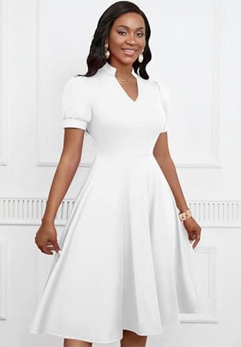 MarryUP White Dress Women Vintage Puff Sleeve V Neck Casual Semi-Formal Cocktail Party A-Line Swing Church Dress White 2XL - Image 2