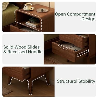 Vadisun Walnut Nightstand Set of 2, Solid Wood Nightstand with Drawers and Open Storage Shelf, Mid Century Modern Nightstands, Wood End Table for Bedroom, Walnut Bedside Table Set of 2(23.23" H) - Image 5