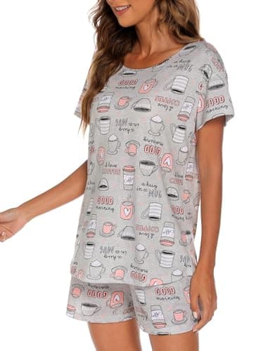 ENJOYNIGHT Womens Pajama Shorts Sets Cotton Pjs Summer Cute Sleepwear with Pockets (Medium, Grey Cup) - Image 4