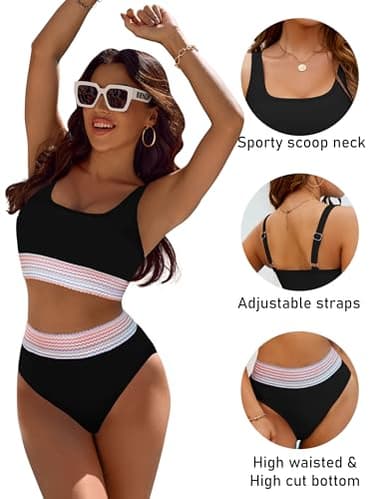 BMJL Womens Tummy Control Swimsuit High Waisted Two Piece Bikini Sets Athletic Color Block High Cut Swimwear(XL,Black-New) - Image 3