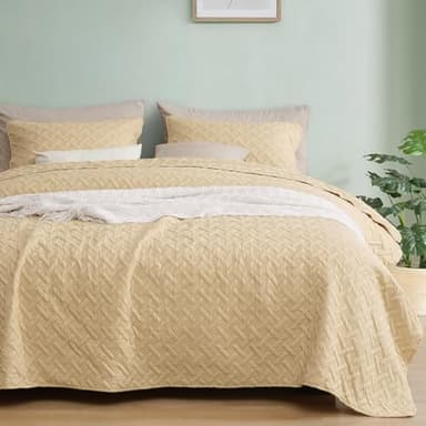 PHF Quilt Bedding Set King Size - Lightweight Summer Bedspread, 3PCS Soft Breathable Geometric Pattern Bedding Coverlet for All Season, Drop Nicely Quilt 106" x 96"with 2 Pillow Shams, Beige - Image 1