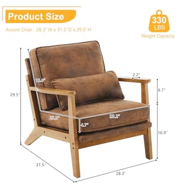 Karl home Accent Chair Wide Armrest Mid-Century Lounge Chair Bronzing Cloth Armchair with Lumbar Pillow & Solid Wood Frame for Living Room, Bedroom, Balcony, Brown - Image 2