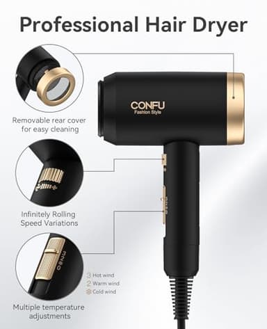 Hair Dryer, CONFU Blow Dryer with Diffuser, 21000PRM Professional Hairdryer, Portable Lightweight Fast Drying Negative Ionic Blow Dryer, Hair Diffuser for Curly Hair for Home Travel - Image 6