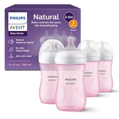 Philips Avent Natural Baby Bottles with Natural Response Nipples (Medium Flow, Flow 3), 9oz, Pink, 4-Pack, SCY903/14 - Image 1
