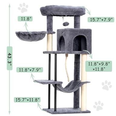 Gitelsnour Cat Tree, Cat Tower for Indoor Cats, 43.3 inch Cat Tree Tower with Sturdy Steel Tube, Hammock, Cat Condo for Small Cats and Kittens, Scratching Post, Smoky Gray GCT004SG - Image 3