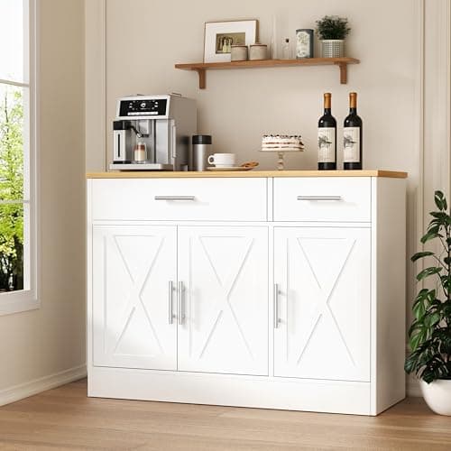 Shintenchi 3 Doors Farmhouse Sideboard Buffet Cabinet,41" Barn Doors Buffet with Storage,Wood Coffee Bar Cabinet with Adjustable Shelf for Kitchen,Living Room,White - Image 1