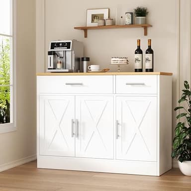 Shintenchi 3 Doors Farmhouse Sideboard Buffet Cabinet,41" Barn Doors Buffet with Storage,Wood Coffee Bar Cabinet with Adjustable Shelf for Kitchen,Living Room,White - Image 1