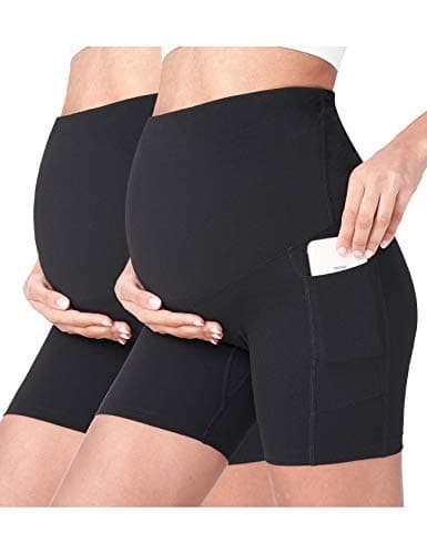 POSHDIVAH 2 Pcs Black Women's Maternity Yoga Shorts Over The Belly Bump Summer Workout Running Active Short Pants with Pockets 5" Small - Image 1