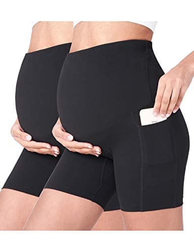 POSHDIVAH 2 Pcs Black Women's Maternity Yoga Shorts Over The Belly Bump Summer Workout Running Active Short Pants with Pockets 5" Small - Image 1