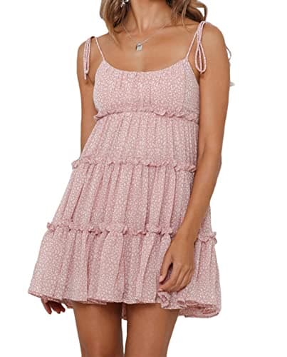 Mansy Womens 2025 Summer Floral Mini Dress Boho Flowy Skater Dresses Short Sleeveless Ruffle Spaghetti Strap Dress Pink - Image 1