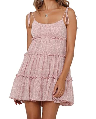 Mansy Womens 2025 Summer Floral Mini Dress Boho Flowy Skater Dresses Short Sleeveless Ruffle Spaghetti Strap Dress Pink - Image 1