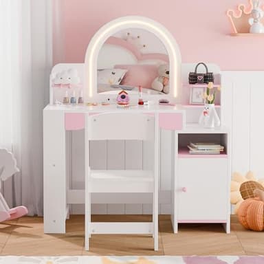 MU Kids Vanity with Lights, Princess Makeup Vanity Desk with Open Bookshelf, Storage Cabinet & Shelves, 2 in 1 Toddler Vanity Table & Chair Set with Lighted Mirror for Little Girls (White) - Image 3