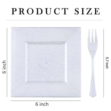 DaYammi 100Pcs Silver Dessert Plates Including 50Pcs Appetizer Plates 6",50Pcs Plastic Forks 5.7",Silver Glitter Plastic Square plate for Wedding,silver Salad plates and Cake Forks for Birthday Party - Image 2