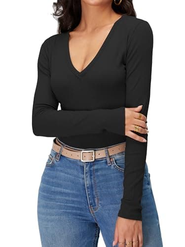 iGENJUN Women Long Sleeve V Neck Shirts for Women Business Casual Work Top Knit Slim Fit for Fall,Black,M - Image 5