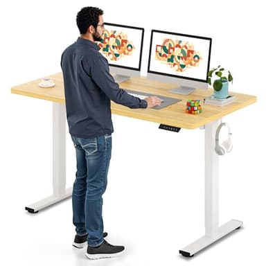 SANODESK Electric Standing Desk 55 x 28 Inches Whole-Piece Desktop Height Adjustable Stand Up Desk w/6-Button Controller Ergonomic Computer Desk for Home Office, White Frame + Natural Tabletop - Image 1