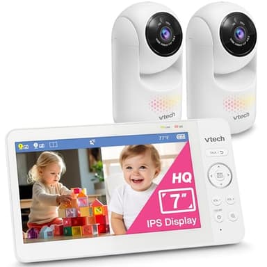 VTech Advanced HQ Max Twin 7" Digital Video 2-Cameras Baby Monitor with Pan Tilt Zoom, Long Battery Life 5000mAh, IPS Screen, Adaptive Multi-Color Night Light, 2-Way Talk, HQ Display, No WiFi, White - Image 1