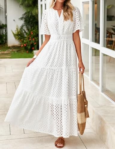 ZESICA Women's 2025 Summer Short Sleeve Maxi Dress Casual V Neck Hollow Out Eyelet Ruffle Swing A Line Long Dresses,White,Medium - Image 2