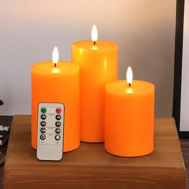 Eywamage Orange Halloween Flameless Pillar Candles with Remote, Real Wax Flickering Fall LED Candles Battery Operated Set of 3 - Image 1