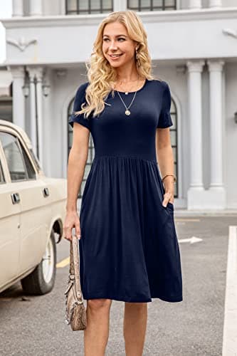 DB MOON Women Summer Casual Short Sleeve Dresses Empire Waist Knee Length Dress with Pockets (Navy Blue, 2XL) - Image 3