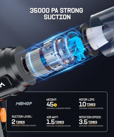 MBNGF Car Vacuum Portable Cordless, 35000PA High Power Suction & Blower, Wireless Handheld Vacuum Cleaner for Car, Home, Office, Pet(Abyssal Black) - Image 3