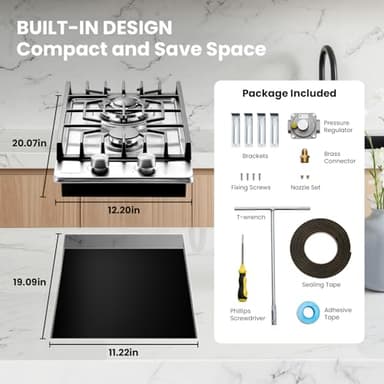2 Burner Propane Stove, Hibghse 12 Inch Gas Cooktop Built-in Gas Stove NG/LPG Convertible Stainless Steel Stove Burner with Thermocouple Protection for Kitchen, Apartment, Outdoor, RVs - Image 2
