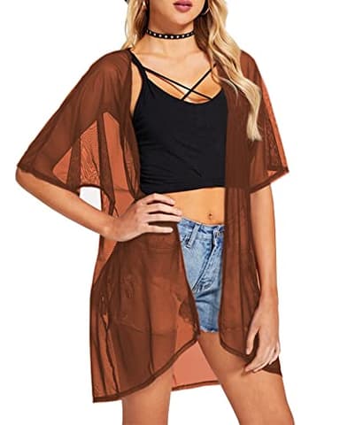 BelleLovin Sheer Cardigans for Women Half Sleeve Open Front Mesh Kimono Coverups (X-Large, Brown) - Image 3