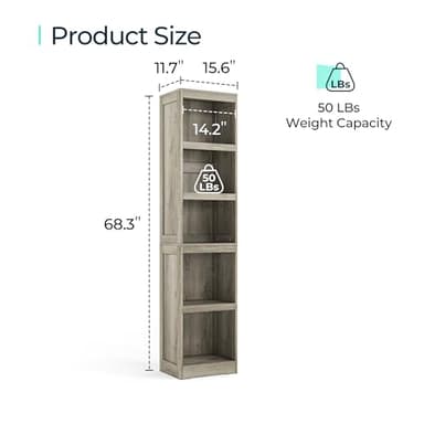 LINSY HOME 5-Shelf Bookcase, Narrow Bookshelves Floor Standing Display Storage Shelves 68 in Tall Bookcase Home Decor Furniture for Home Office, Living Room, Bed Room - Light Brown - Image 3