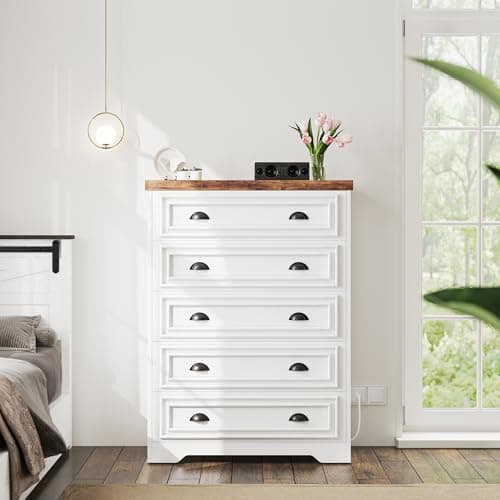 LIKIMIO 43" Tall 5 Drawers Dresser for Bedroom, Power Strip, Farmhouse Large Wood Dressers & Chest of Drawers with Wide Storage Cabinet, White - Image 1