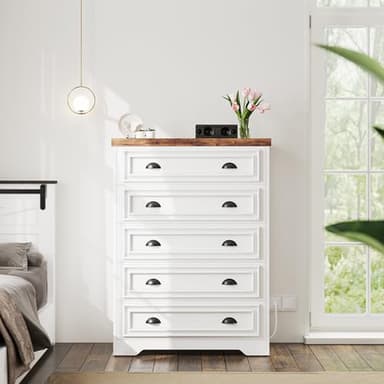LIKIMIO 43" Tall 5 Drawers Dresser for Bedroom, Power Strip, Farmhouse Large Wood Dressers & Chest of Drawers with Wide Storage Cabinet, White - Image 1