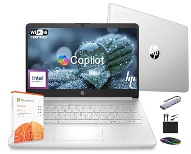 HP 14 Laptop Computer 2025 Ultra Light, AI Copilot Student Business, Quad-Core Intel, 16GB RAM, 628GB Storage (128GB UFS+ 500GB Ext), 1 Yr Office 365, 12 Hr Battery MarxsolAccessory Win 11S, Silver - Image 1