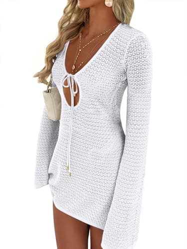 ANRABESS Beach Cover Ups for Women Crochet Swimsuit Bathing Suit Swimwear Bikini Mesh Knit Dress 2025 Summer Vacation Outfits White Small - Image 1