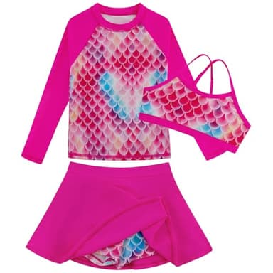Kids Bathing Suits Girls Swimsuit Size 7 Rash Guard Long Sleeve Swim Shirt with Swim Skirt Rose Red - Image 4