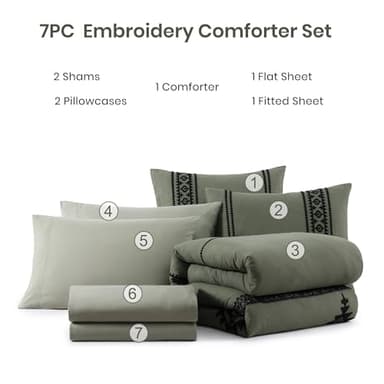 MAIREVE Olive Green Embroidery Comforters Set Queen Size - 7 Pieces, Farmhouse Western Bedding All Season Bed in A Bag Queen, Boho Comforter Set with Sheets, Pillowcases & Shams - Image 8