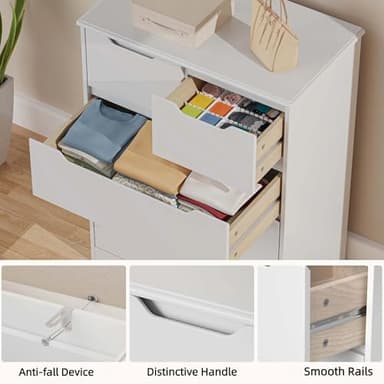 Gizoon 5 Drawers Chest, White Dresser for Bedroom with Large Storage Capacity, Chest of Drawers with Embedded Handle, Anti-Tripping Device for Hallway, Office, Living Room - Image 6