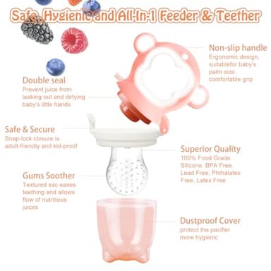 HAOBAOBEI Baby Fruit Food Feeder - Silicone Nibble Tray Combo - Breastmilk Popsicle Mold for Cooling Relief, BPA Free Mesh Feeder for Infant Self Feeding (Monkey Pink + Pineapple) - Image 2