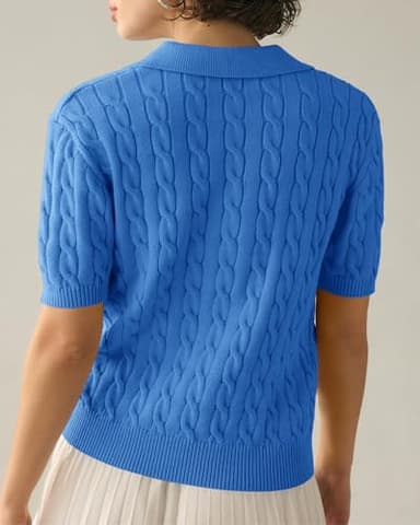 Imily Bela Women's Cable Short Sleeve Sweaters Tops Solid Lapel V Neck Knit Casual Soft Pullover Shirt Blue - Image 3
