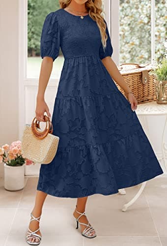 ZESICA Women's 2025 Summer Short Puff Sleeve Crewneck Smocked Floral Lace Flowy A Line Tiered Maxi Dresses,Navy,XX-Large - Image 8