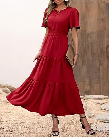 PRETTYGARDEN Women's Summer Casual Short Flutter Sleeve Round Neck Smocked Waist Tiered Boho Floral Flowy Maxi Dress(Solid Red,X-Large) - Image 2
