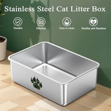 PWTAA Stainless Steel Cat Litter Box, High Side Cats Toilet Metal Litter Box, Pet Cleaning Tool for Cats, Rabbits, Splash-Proof and Non-Stick Cat Poop Box odorless, Camo Paws 23.6"x15.7"x7.9" - Image 2
