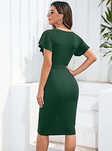 Machico Womens Slimming Wrap Cocktail Short Dress for Women Stretchy Ruched Dresses for Wedding Guest Dark-Green - Image 3