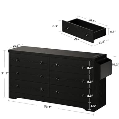 LIKIMIO Dresser for Bedroom 6 Drawer with Charging Station, TV Stand Storage Chest of Drawers for Living Room Hallway Entryway, MDF Board, 59 Inches Black - Image 11