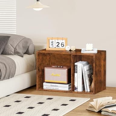 LEYAOYAO 2 Cube Bookshelf,Brown Record Player Stand Holds up to 100 Albums, Mini Wood Book Shelf Storage Organizer,Turntable Stand with Vinyl Storage Cabinet, Narrow Open Bookcase for Small Spaces - Image 6