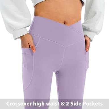 Women's Flare Leggings with Pockets-Crossover High Waisted Bootcut Yoga Pants-Tummy Control Workout Leggings Bell Bottom Work Pants Purple - Image 3