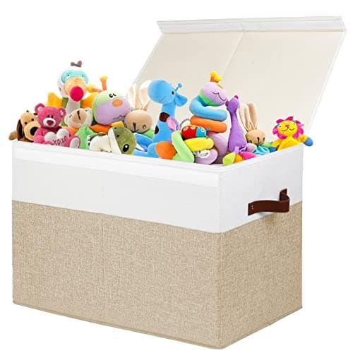 Large Toy Storage Box with Lid, Sturdy Toys Storage Chest Bin Organizer Basket with Dividers for Kids, Boys, Girls, Nursery, Closet, Bedroom, Playroom 25"x13" x16" (Beige and White) - Image 1