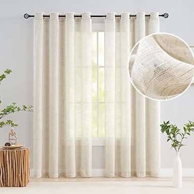 Treatmentex Semi Sheer Curtains for Living Room Natural Linen Sheer Curtain Drapes for Bedroom 95inch Long Farmhouse Country Rustic Window Curtains 52" w 2 Panels Grommet Top Beige - Image 1
