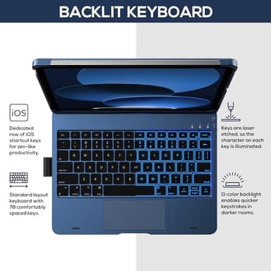 typecase Touch iPad 11th 10th Generation Case with Keyboard (11" 2025, A16 & 10.9" 2022) – 360° Rotatable, 11-Color Backlit, Multi-Touch Trackpad, Pencil Holder, Thin & Light – Midnight Blue - Image 5